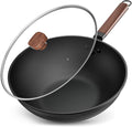 Jobin 33cm/5.6L Non Stick Wok with Lid Carbon Steel Frying Pan No Chemical Coated and Large Capacity for Cook Asian Dishes for 4-6 People, Ideal for Induction, Gas, All Hobs