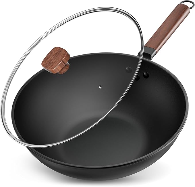 Jobin 33cm/5.6L Non Stick Wok with Lid Carbon Steel Frying Pan No Chemical Coated and Large Capacity for Cook Asian Dishes for 4-6 People, Ideal for Induction, Gas, All Hobs