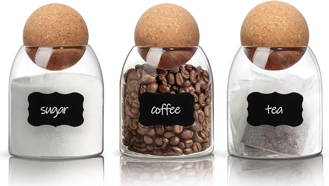 ComSaf Tea Coffee Sugar Canisters Set, 480mL 3 Pack Glass Jar with Cork Lids, Coffee Jars & Tea Caddy for Coffee Station, Stylish Decorative Kitchen Essentials, Perfect Home and Kitchen Organiser