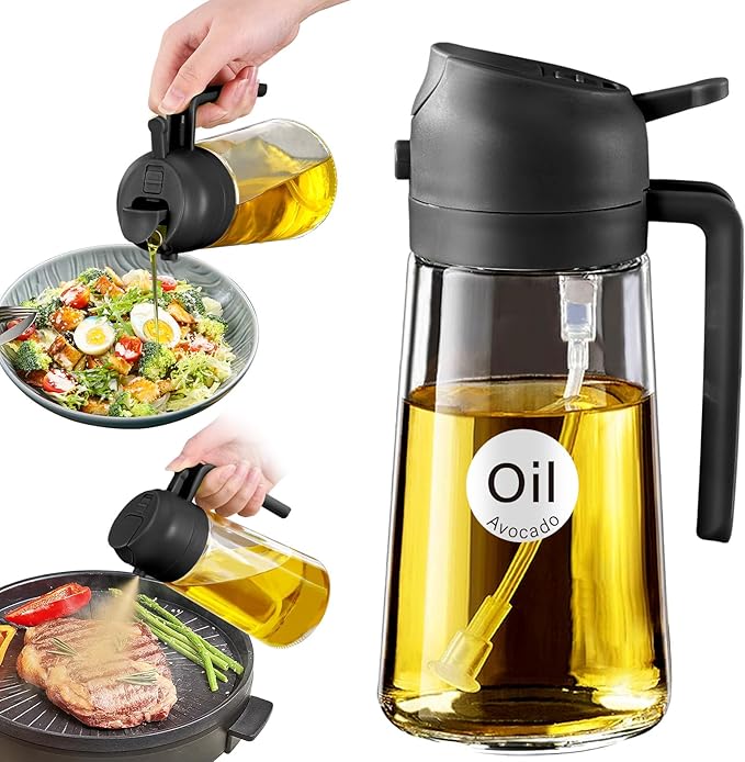 YARRAMATE 16oz/470ml Oil Sprayer for Cooking with Stickers, Food-grade Premium 2 in 1 Olive Oil Dispenser Bottle for Kitchen Gadgets, Air Fryer, Salad, Frying, BBQ (Black)