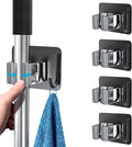 Mop Broom Holder, 4 Pcs Stainless Steel Self Adhesive Mop Holder Wall Mounted with Hooks Hanger Self-Adhesive Broom Holder for Bathroom, Kitchen, Office, Closet, Garden Garage(Black Mix)