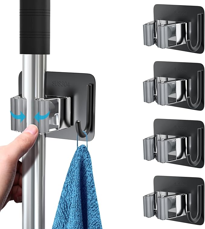 Mop Broom Holder, 4 Pcs Stainless Steel Self Adhesive Mop Holder Wall Mounted with Hooks Hanger Self-Adhesive Broom Holder for Bathroom, Kitchen, Office, Closet, Garden Garage(Black Mix)
