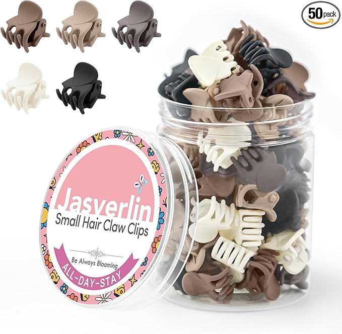 50Pcs Matte Mini Hair Claw Clips, Small Cute Tiny Clips for Thin Short Curly Hair Women Girls Toddlers, Braids & Buns Accessories (Neutral Colors)