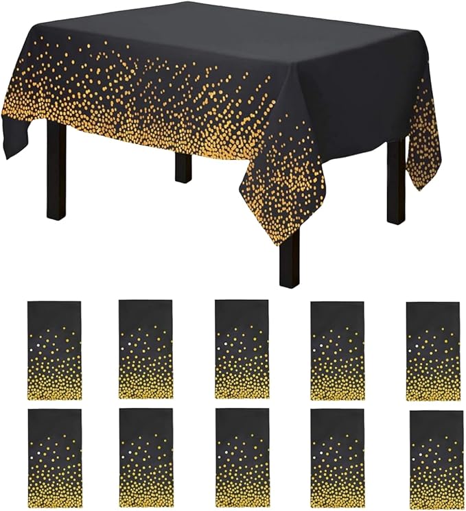 10 Packs of Black and Gold Party Tablecloths, Disposable Tablecloths Table Covers, Table Decoration for Party, 274x137cm (BLACK GOLD-10 PACKS)