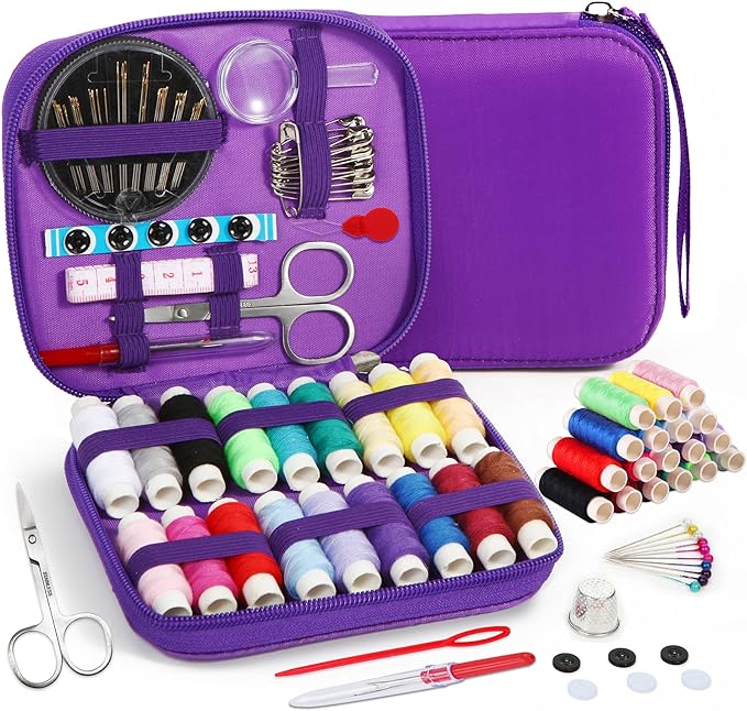 Sewing Kit, AUERVO Mini Sewing Kits 86PCS Thread and Needles Set for Adults, DIY,Home, Travel & Emergency with Compact Small Purple Zipper Case