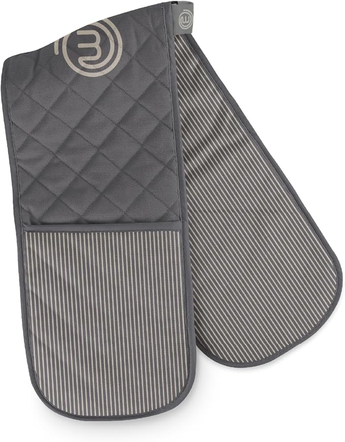 MasterChef Oven Gloves Heat Resistant, Double Oven Gloves Made from Cotton with Official Show Logo & Hanging Loop, Attached Oven Mitts, Machine Washable, Heat Proof Pot Holders for the Kitchen, Earth