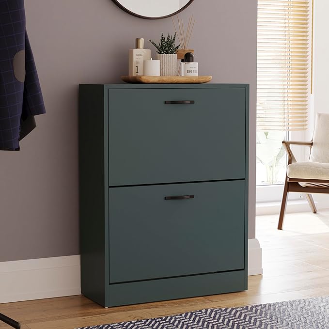 Vida Designs Shoe Cabinet, Wooden Shoe Storage Unit with 2 Pull-Down Drawers, Multifunctional Dust-Proof Space-Saving Slim Design Cupboard for Hallway or Entryway (Green)