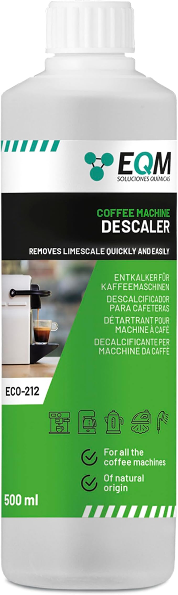 EQM - ECO-212 - Coffee Machine Descaler - 500 ml - 100% Natural Origin - Compatible with All Coffee Machines - Removes Limescale in Coffee Makers and Household Appliances