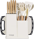 Cooking Utensils Set with Chopping Board – Knife Set with Block – Heat Resistant Silicone Utensils with Wooden Handle, Spoons, Ladles & Spatula – Kitchen Tools & Accessories – 17pcs, Cream – by Nuovva