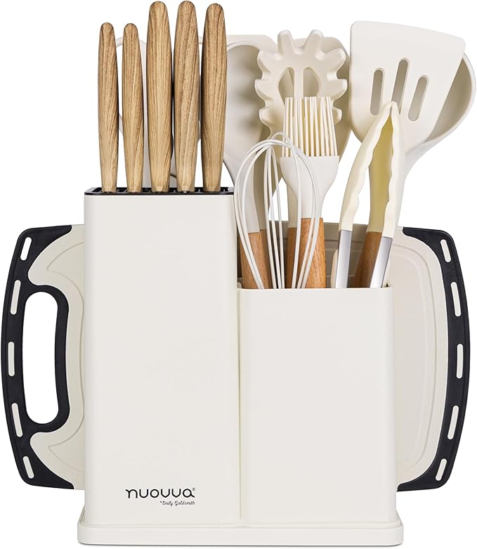 Cooking Utensils Set with Chopping Board – Knife Set with Block – Heat Resistant Silicone Utensils with Wooden Handle, Spoons, Ladles & Spatula – Kitchen Tools & Accessories – 17pcs, Cream – by Nuovva