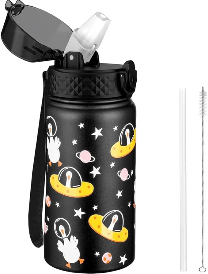 GOPPUS 420ml/14oz Kids Insulated Water Bottle with Straw Cute Double Wall Stainless Steel Child's Small Flask Vacuum Insulated Steel Metal Leak Proof Drink Flask Boys Toddler Girls Bottles BPA-Free
