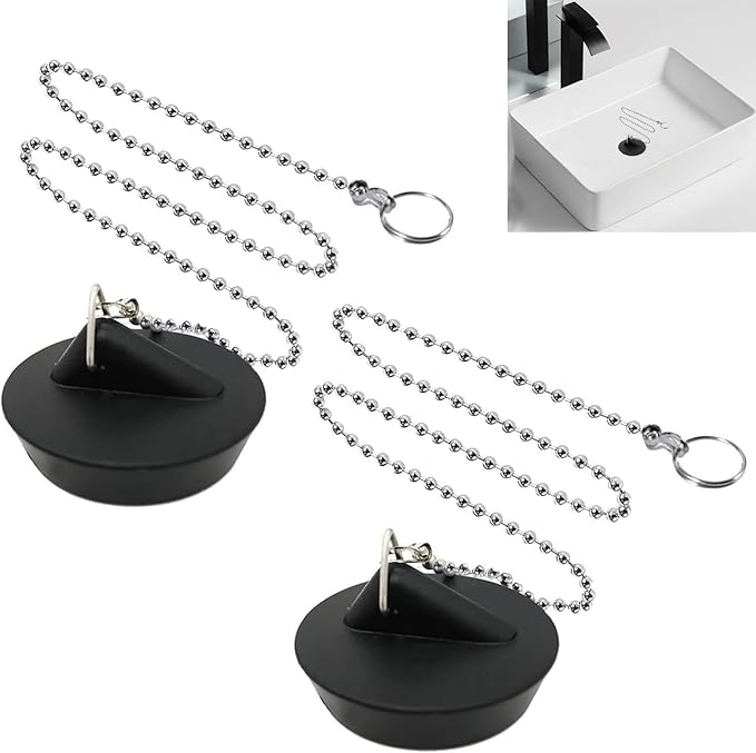 YUNYU 2 Pcs Universal Sink Plug with Chain, Bathroom Sink Plug Replacement, Drain Stopper for Bathroom Kitchen, Rubber Bath Plug with Stainless Steel chain (Size 1.57in To 1.77in, Chain 16.5in)