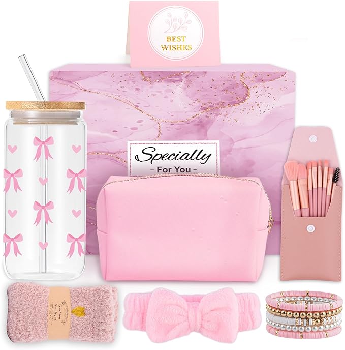 Gifts for Girls Teenage 9 10 11 12 13 14 Year Old, Valentine's Day Birthday Gifts for Girls Age 8-15, Glass Cup with Lid and Straw, Makeup Brushes Cosmetic Bag Bracelets Socks Headband, Bow Coffee Cup