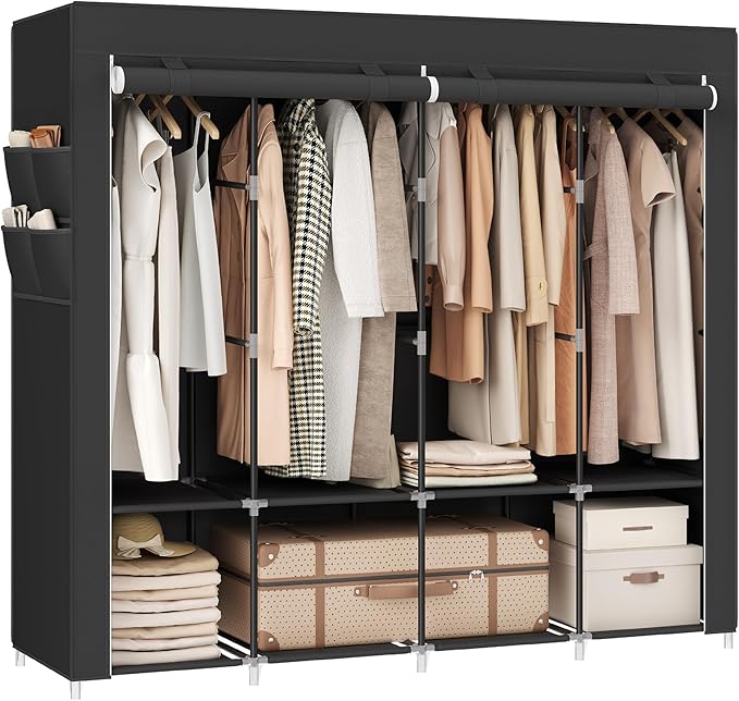 SONGMICS Clothes Wardrobe, Portable Closet, Garment Organiser Rack with 4 Hanging Rails, Shelves, 4 Side Pockets, 170 x 45 x 167 cm, Large Capacity for Bedroom, Living Room, Black RYG094B02