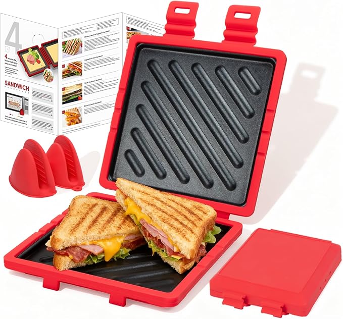 Microwave Toastie Sandwich Maker, Microwave Toastie Maker with Removable Non-Stick Plates, Quick Cooking and Easy Cleaning，Breakfast Sandwich Maker Perfect for Sandwiches,Paninis, and Fried Eggs (Red)