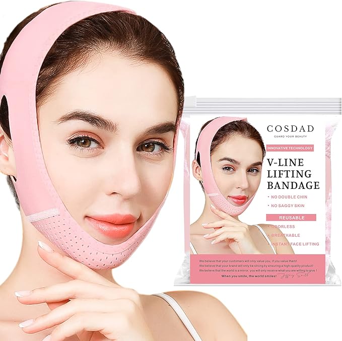 Chin Strap for Sleeping – Double Chin Support & Jawline Shaping Tape – Reusable V Line Band and Face Lift Tape for Women – Comfortable, Breathable, One Size Fits All - Pink