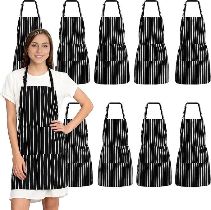 10 Pack Stripe Unisex Apron, Adjustable Chef Apron, Black Kitchen Cooking Apron with Pockets for Women, Cooking, Restaurant, Home, Barbecue