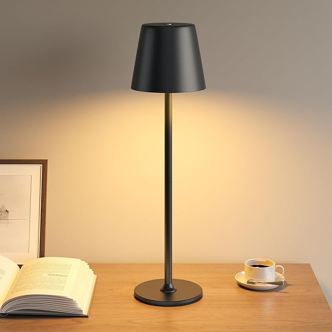 Night Light, LED Touch Bedside Table Lamp, Cordless Rechargeable USB Table Lamp, 3-Level Dimmable Brightness, IP54 Waterproof, Full Metal Housing, Dual Battery Power, Black[Energy Class A]