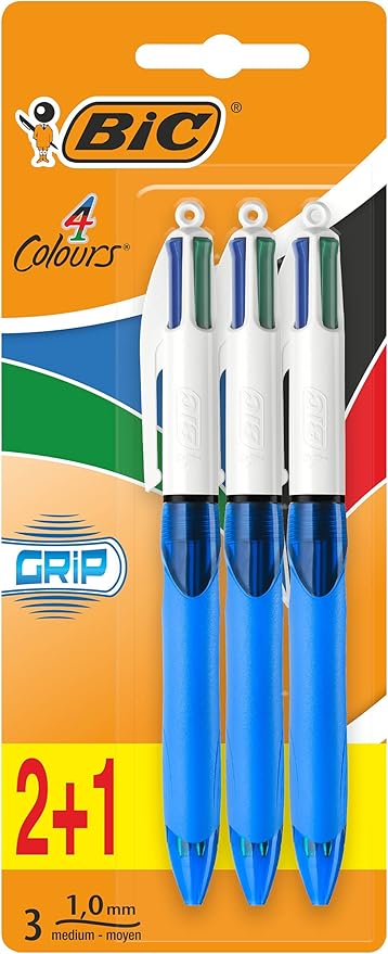 BIC 4 Colours Retractable Ballpoint Pens, Medium Point (1.0 mm) Every-Day Writing Pens with Extra Comfort Grip, Blue, Pack Of 3
