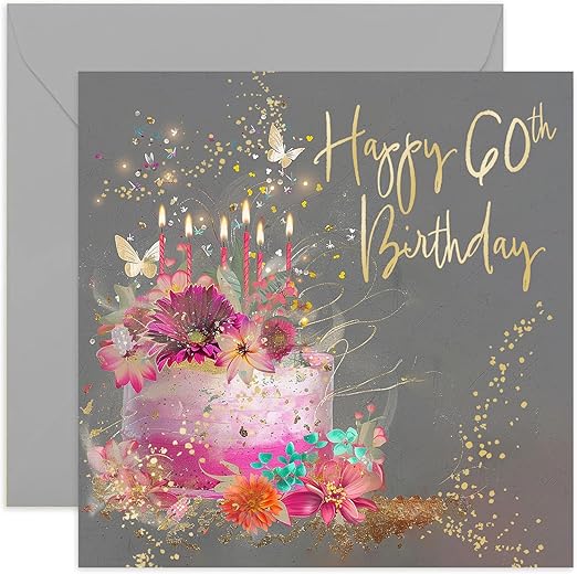 Special 60th Birthday Card for Women - Sixty Female Birthday Card - Pink Birthday Cake Sparkles and Butterflies Card - For Sister, Mum, Friend, Aunt | Blank Inside