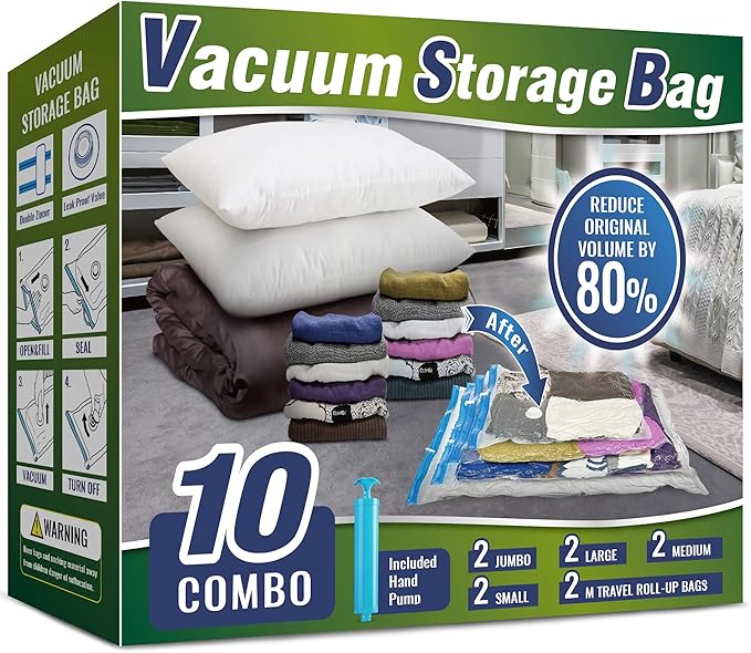 Vacuum Storage Bags for Clothes, 10 Pack Vacuum Bags, Space Saver Bags for Clothes, Duvets and Pillows, Hand Pump Included (Combo)