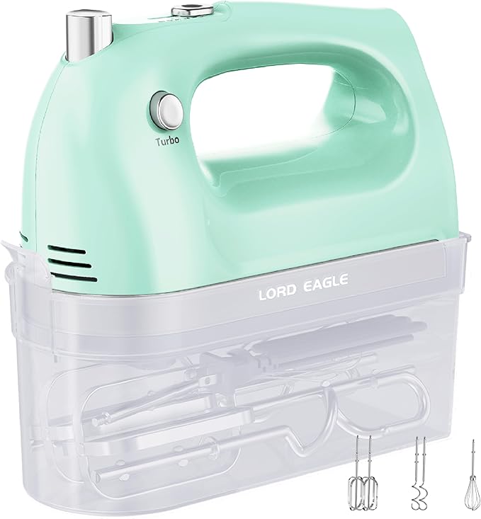 Lord Eagle Hand Mixer Electric Whisk, 400W Power Handheld Mixer for Baking Cake Egg Cream Food Beater, Turbo Boost/Self-Control Speed + 5 Speed + Eject Button + 5 Accessories, Green