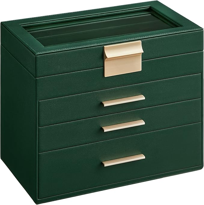 SONGMICS Jewellery Box with Glass Lid, 4-Layer Jewellery Storage Organiser with 3 Drawers, Plenty of Storage, Modern, Gift Idea, 15.3 x 25.1 x 21.5 cm, Forest Green and Gold Colour JBC161G01
