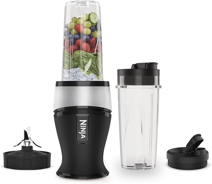 Ninja 700W Slim Blender & Smoothie Maker, 2x 470ml Cups with Spout Lids, Personal Blender, Crush Ice & Frozen Fruit, Silver/Black QB3001UKS