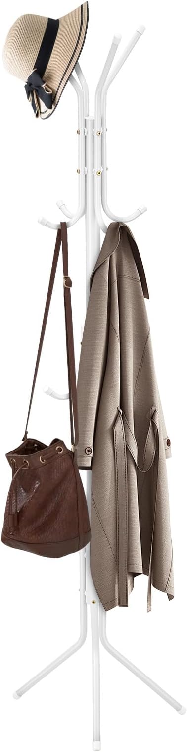 Coat Stand with 12 Hooks Coat Rack 3 Tier Freestanding Metal Hanger hat stand Multifunctional Handbag Jacket Umbrella Hanging Organiser for Homes Office Entryway Hallway White 175CM