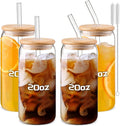 Glass Cups 20 oz,Glass Cups with Lids andStraws 4 pcs-Coffee Cups,Drinking Glasses Set,Glass Tumbler with Straw and lid Gift 2 Cleaning Brushes