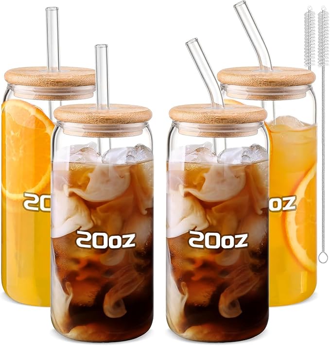 Glass Cups 20 oz,Glass Cups with Lids andStraws 4 pcs-Coffee Cups,Drinking Glasses Set,Glass Tumbler with Straw and lid Gift 2 Cleaning Brushes
