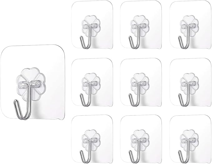 Self Adhesive Hooks 10 Pieces, Heavy Duty (22lb Max) Door Wall Stick on Hooks for Kitchen, Bathroom, Office, Closet, Hanging Coat Cloth Towel Key Decorations, Transparent