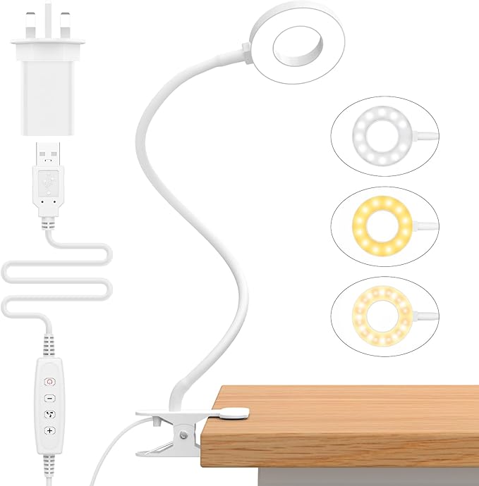 iZELL LED Desk Lamp with USB Adapter【3 Color Modes 10 Brightness】 Eye Caring Clip on Clamp Light, 40cm Flexible Arm Book Ring Light for Gaming/Video Conference/Reading, Clip on Table, Headboard[Energy Class F]