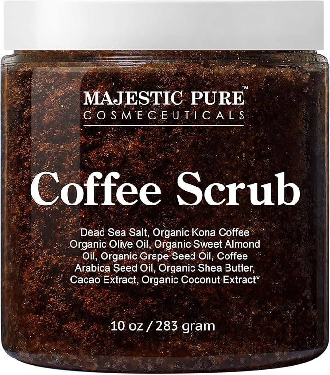 Majestic Pure Arabica Coffee Scrub - All Natural Body Scrub for Skin Care, Stretch Marks, Acne & Cellulite, Reduce the Look of Spider Veins, Eczema, Age Spots & Varicose Veins - 283 g