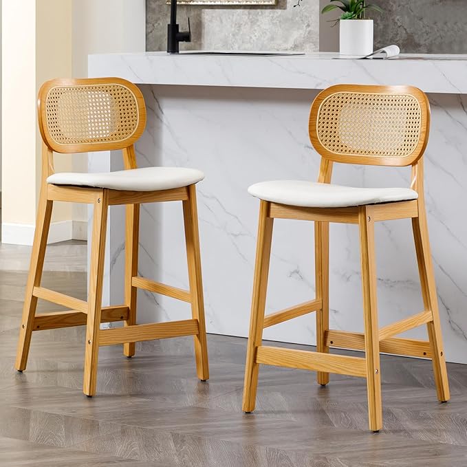 chairus Set of 2 Bar stools PU Leather Breakfast Stools for Kitchen Counter with Rattan Backrest Solid Wood Island Bar Chairs (White-2)