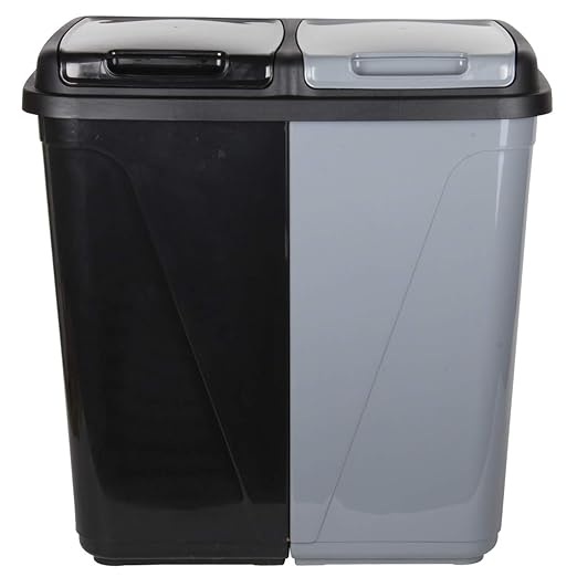 90L Kitchen Bin - Dual Compartment Rubbish & Recycling - Plastic Laundry Basket, Black&Silver