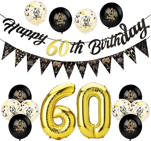 60th Birthday Decorations Set, Including Black Gold Happy Birthday Banner, Triangle Flag Banner, Confetti Latex Balloons and Aluminum Foil Balloons for Party Decoration