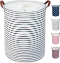 DOKEHOM 18-Inches Freestanding Laundry Basket with Lid, Collapsible Large Drawstring Clothes Hamper Storage with Handle (Blue Stripe, M)