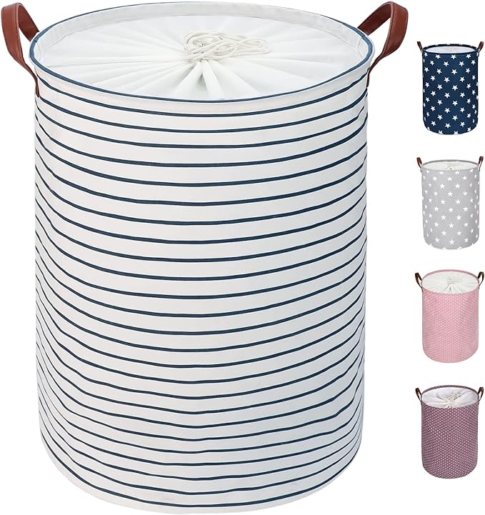 DOKEHOM 18-Inches Freestanding Laundry Basket with Lid, Collapsible Large Drawstring Clothes Hamper Storage with Handle (Blue Stripe, M)