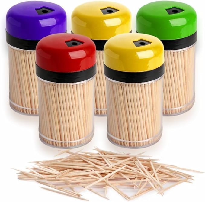 Toothpicks Wooden Toothpicks Cocktail Sticks Teeth Cleaner Wood Tooth Sticks with Storage Holder Double Sided Teeth Picks Appetizers Pickup Fruits Cherry Cheese Toothpicks with Dispensers (Pack of 5)
