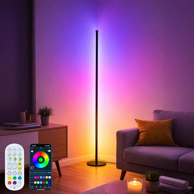 Smart RGB Corner Floor Lamp with App & Remote Control, Colour Changing LED Standing Lamp with Music Sync, Dimmable Mood Lighting for Living Room Bedroom Gaming Room[Energy Class A]