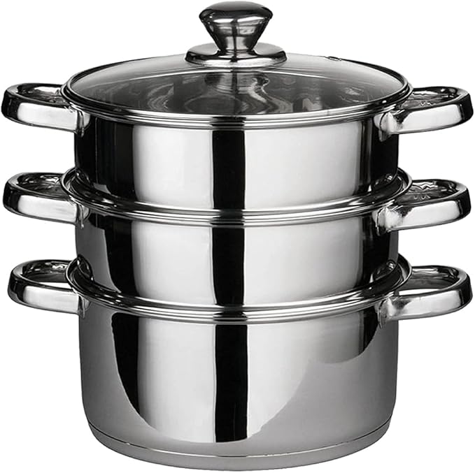 22 Cm Deluxe Steamer Cookware Set - with Glass Lid & Handles | Stainless Steel Pan, 3 Tier Pot Capsulated Bottom, Kitchen Home Cooking Pans, Chef Healthy Veg Cook, Multi Purpose
