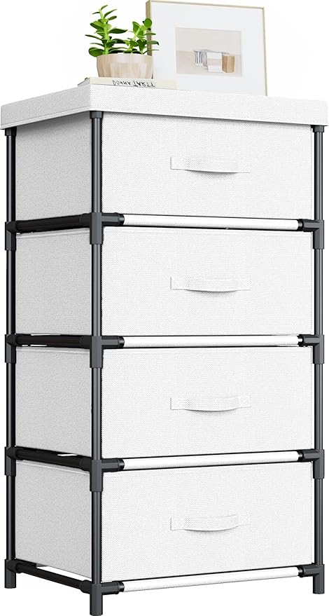 Fabric Chest of Drawers Bedroom, 4 Drawers Storage Unit with Sturdy Steel Frame, Dresser Drawers for Bedroom, Living Room, Hallway, Office and Closet - White