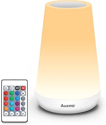 Auxmir LED Touch Night Light, 2500mAh Rechargeable LED Bedside Table Lamp with RGB Color Changing, Dimmable Brightness, Remote Control, Portable Lamp for Bedroom, Living Room, White[Energy Class F]