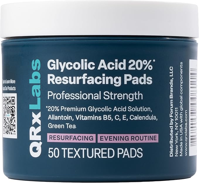 QRxLabs Glycolic Acid 20% Resurfacing Pads With Vitamins B5, C & E, Green Tea, Calendula, Allantoin - Exfoliates Surface Skin And Reduces Fine Lines And Wrinkles