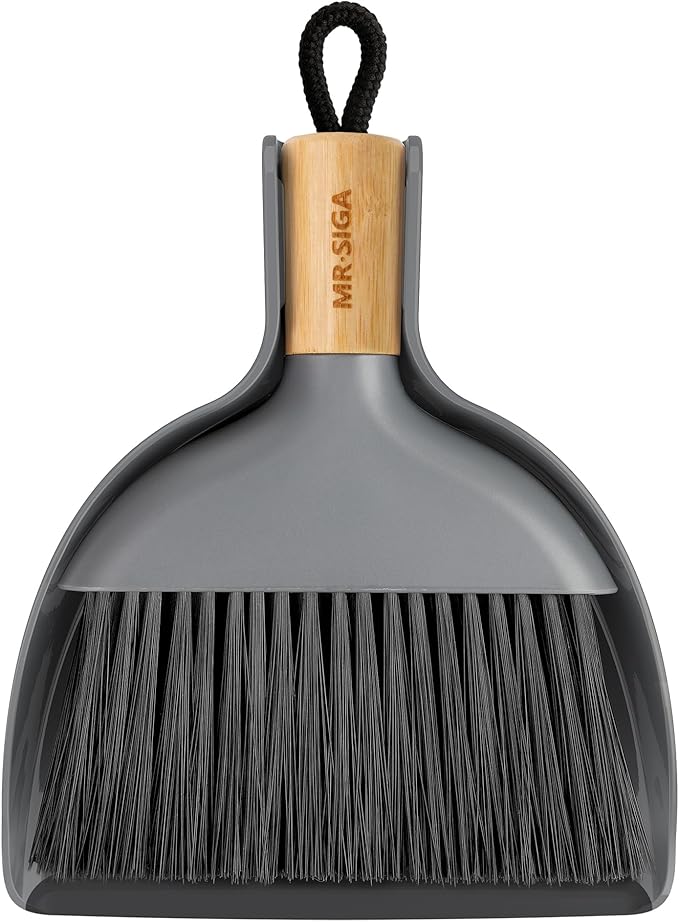 MR.SIGA Mini Dustpan and Brush Sets, Dust Pan and Brush Bamboo Handle, Durable Bristles and Easy-Sweep Blade, Lightweight Design, Grey
