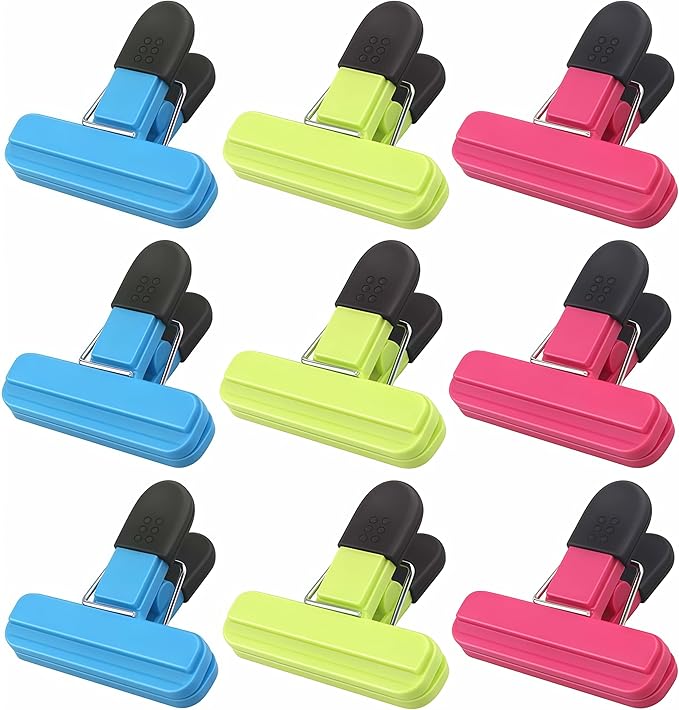 9Pcs Food Clips for Bag Sealing, Reusable Kitchen Food Clips for Bags, Freezer Bag Clips, Airtight Storage, 3 Colours for Home, Kitchen, Travel & Camping