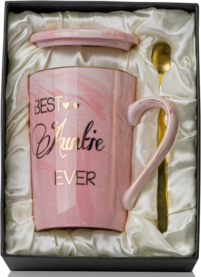 Auntie Gifts, Birthday Gift for Aunty, Best Auntie Mother's Day Gifts from Niece Present for Aunt 14oz Marble Coffee Mug with Gold Print Ceramic Cup with Spoon Lid Card Prensent Box
