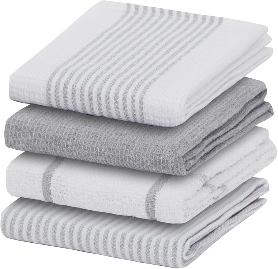 Olivia Rocco 4 Pack Tea Towel Kitchen Tea Towels Cotton Absorbent Long Lasting Catering Bar Dish Towel Cloth, Silver