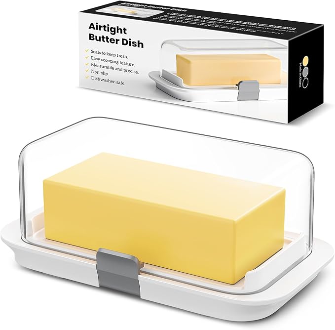 Pisol Large Butter Dish for 250g and 500g Butter, Airtight Butter Keeper with Lid Fit a Full Pound Block of Butter, Locking Butter Container for Countertop, Cat/Dog Proof, White